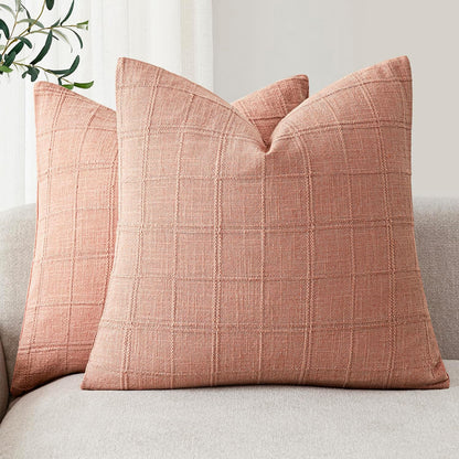 Foindtower Set of 2 Decorative Linen Check Throw Pillow Covers Neutral Farmhouse Vintage Cushion Covers Modern Boho Home Decor for Sofa Chair Couch Bedroom Living Room,18×18 Inch,Natural Beige