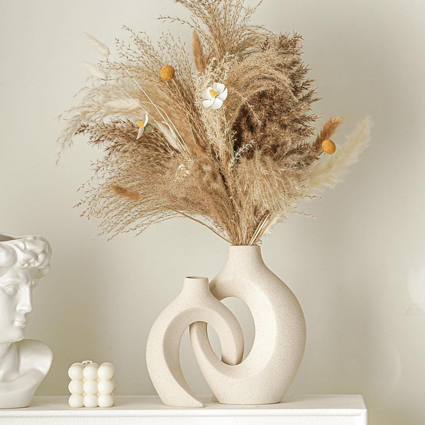 Ceramic Vase Set of 2, Nordic Modern Boho ins Style Decorative Ceramic Aesthetic Flower Vase for Home Decor (Milky White W 6.3" X H 8.4")