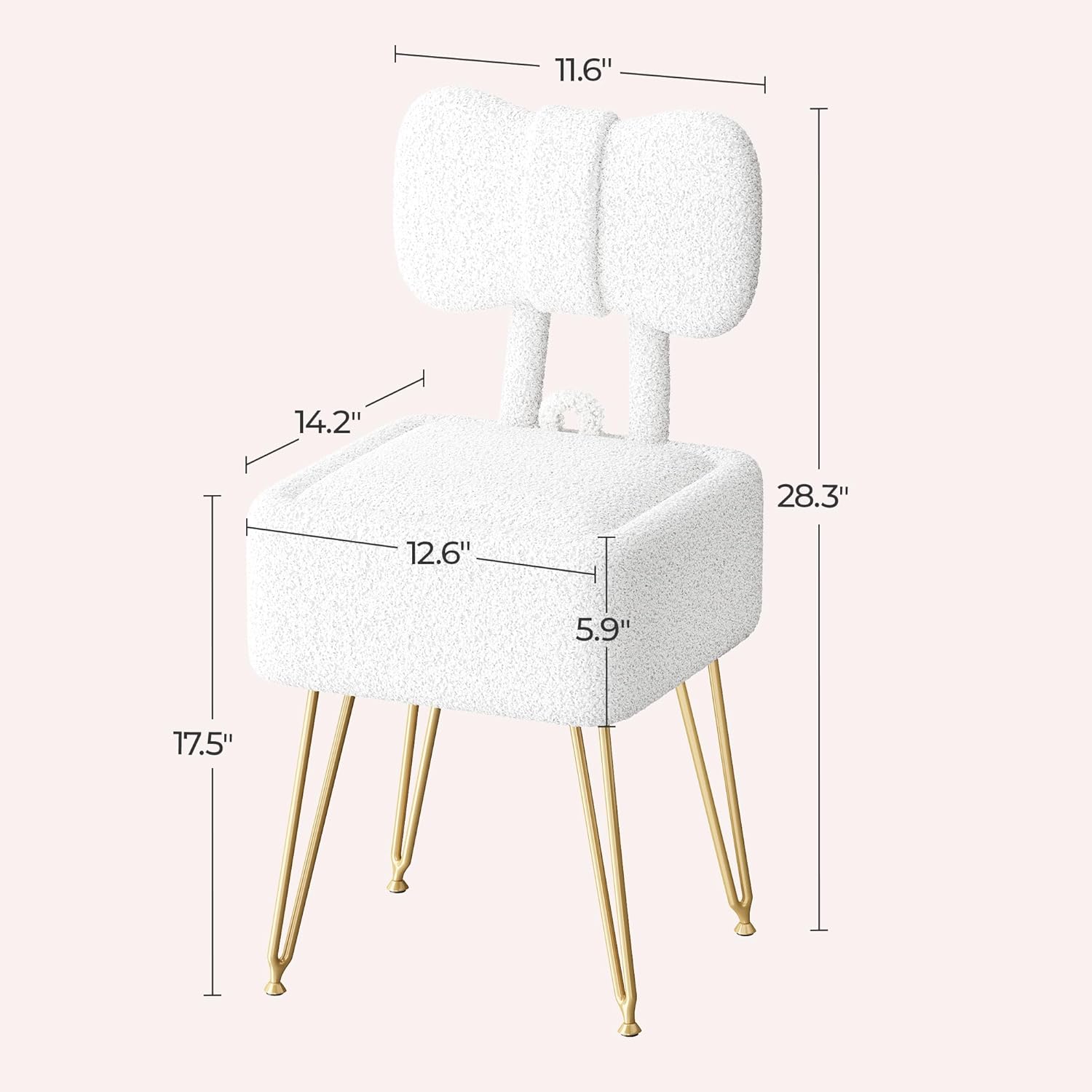 Small Vanity Chair with Storage and Folding Back, 14.2" D x 12.6" W x 28.3" H Soft Storage Ottoman, Footrest Stool, Teddy Fleece Vanity Stool for Makeup, Bedroom, Living Room, White