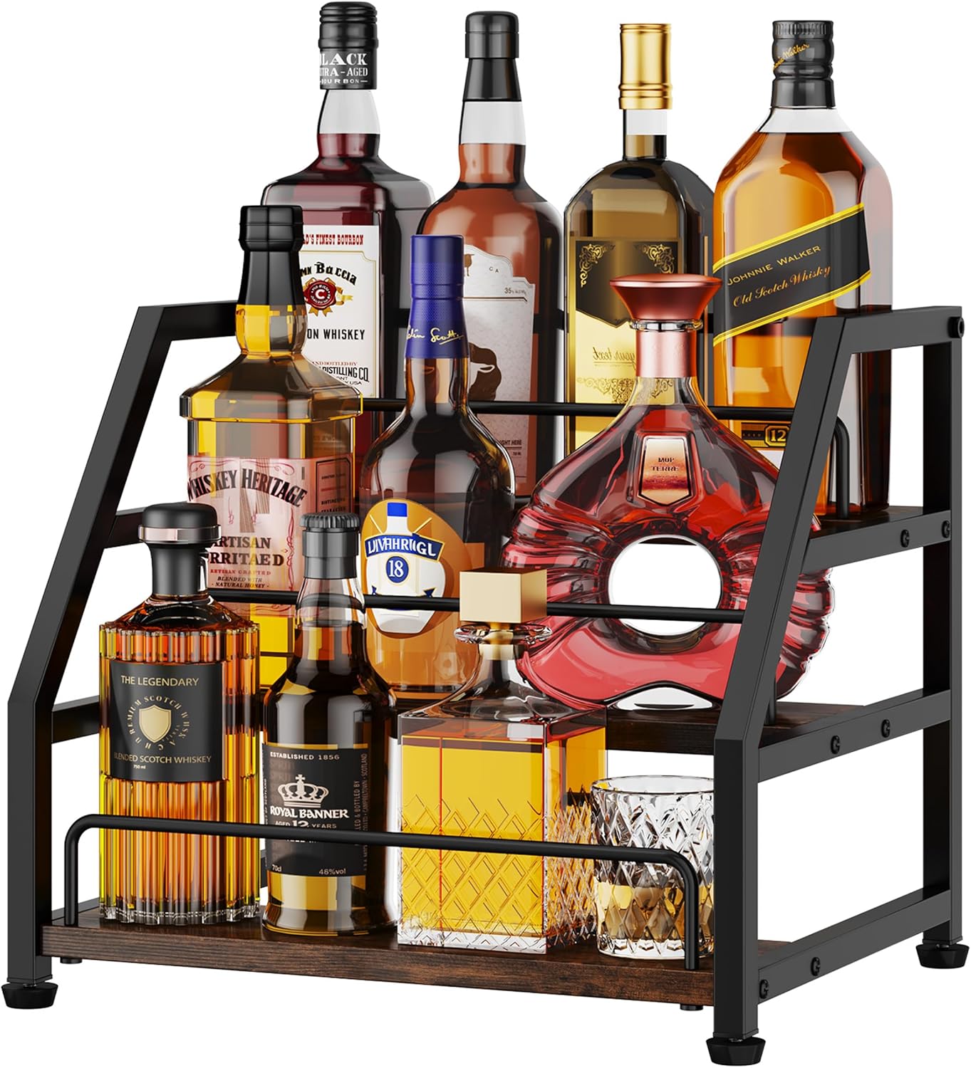 HapiRm Wine Rack Freestanding Floor - Multi-Tier Liquor Cabinet with Fabric Drawer, Liquor Bottle Display Shelf with Glass Holder, Vintage Whiskey Cabinet for Home