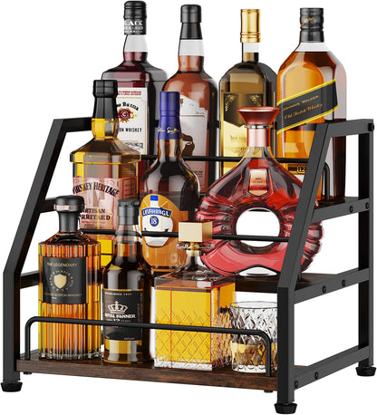 HapiRm Wine Rack Freestanding Floor - Multi-Tier Liquor Cabinet with Fabric Drawer, Liquor Bottle Display Shelf with Glass Holder, Vintage Whiskey Cabinet for Home