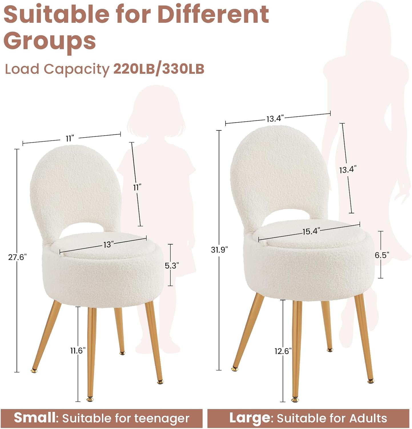 Small Vanity Stool Chair with Storage and Folding Back,4 Metal Legs with Anti-Slip Feet,Round Ottoman with Velvet Seat, Furry Padded Seat for Makeup, Bedroom (Black, Small)