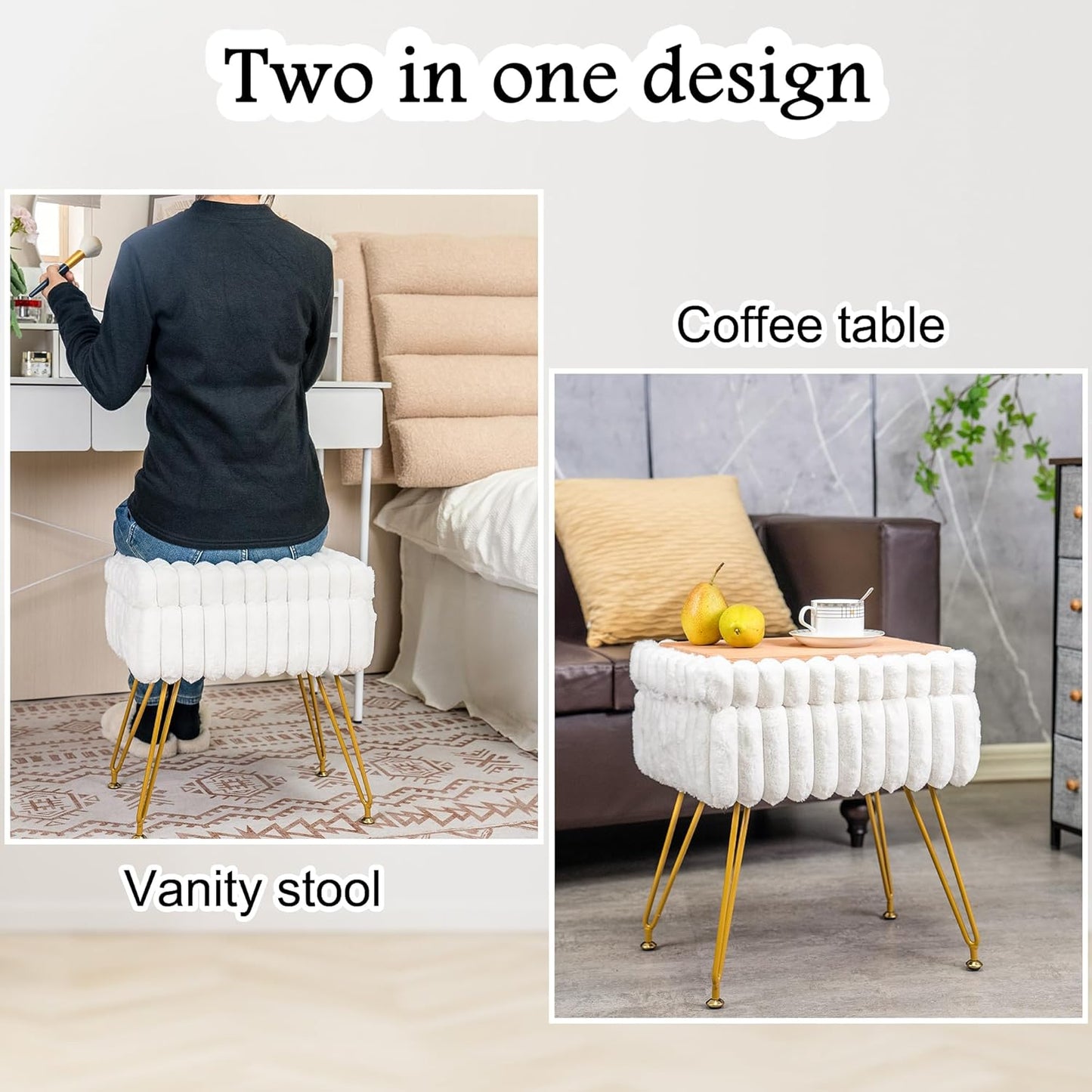 Faux Fur White Vanity Stool Chair with Storage Ottoman, Vanity Chair for Makeup Room, Vanity Stools for Bedroom, Footrest with Metal Legs and as a Coffee Table, White