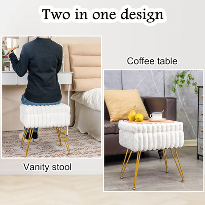 Faux Fur White Vanity Stool Chair with Storage Ottoman, Vanity Chair for Makeup Room, Vanity Stools for Bedroom, Footrest with Metal Legs and as a Coffee Table, White