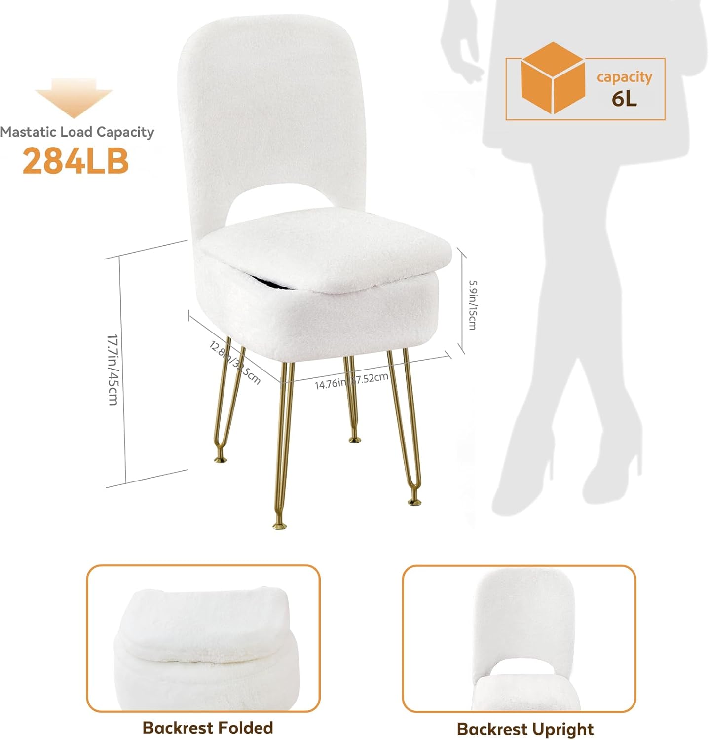 Vanity Chair with Storage and Folding Back, Faux Fur Square Storage Chair, Vanity Stool Chair with 4 Metal Legs for Bedroom, Living Room and Makeup Stations, 13.4"x 15"x 30", White