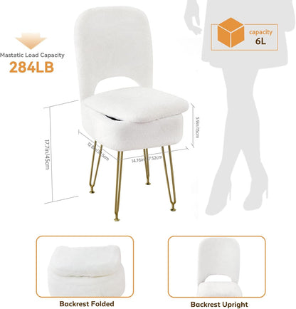 Vanity Chair with Storage and Folding Back, Faux Fur Square Storage Chair, Vanity Stool Chair with 4 Metal Legs for Bedroom, Living Room and Makeup Stations, 13.4"x 15"x 30", White