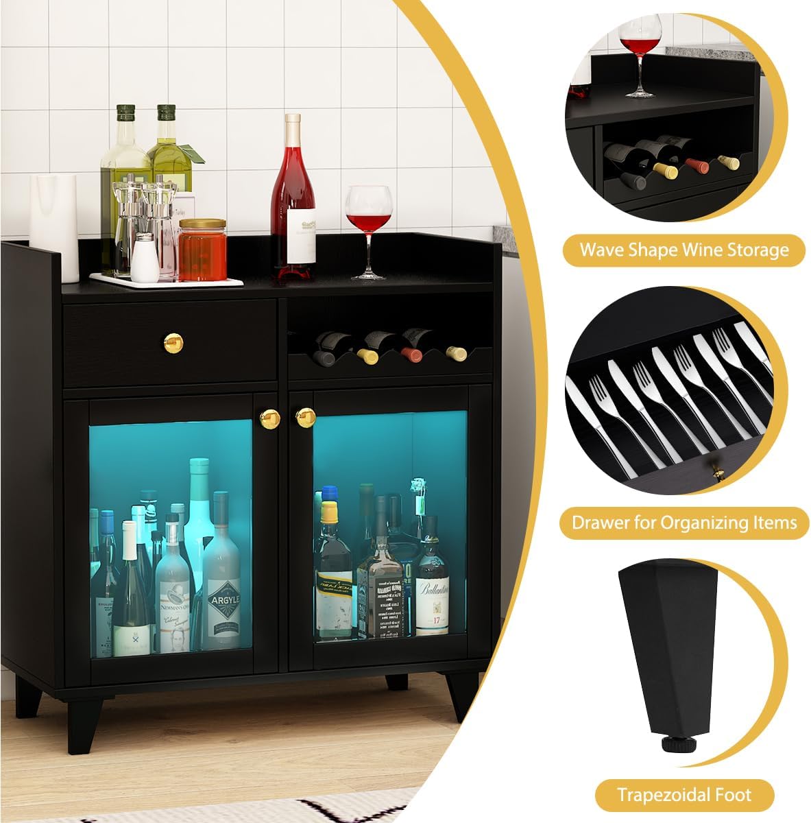 COCO DESIGN Small Wine Cabinet with Glass Doors, Modern Liquor Bar Cabinet with LED Light for Alcohol, Farmhouse Buffet Coffee Sideboard with Storage for Kitchen, Black