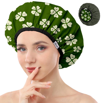 Shower Caps for Women Reusable Waterproof, Double Layer Waterproof Fabric - Both Sides Usable, Reversible Pattern & Solid Color Design, Soft Elastic Keeps Hair Dry for shower Spa Travel
