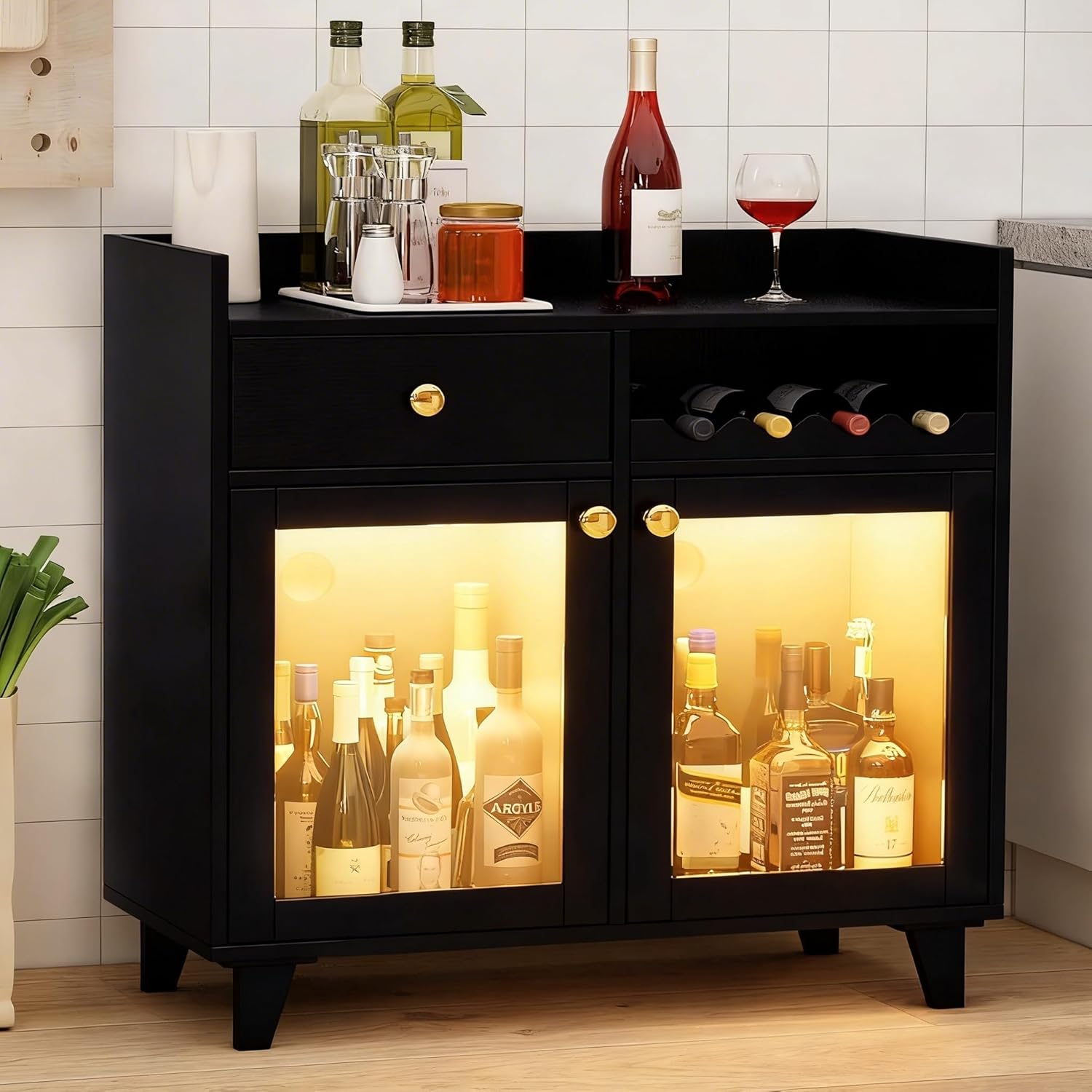 COCO DESIGN Small Wine Cabinet with Glass Doors, Modern Liquor Bar Cabinet with LED Light for Alcohol, Farmhouse Buffet Coffee Sideboard with Storage for Kitchen, Black