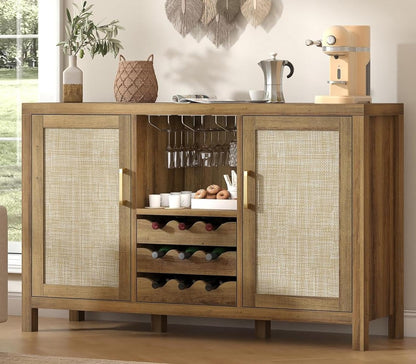Rattan Wine Bar Cabinet, Boho Rattan Home Bar with Glass Holder and Drawer Style Racks, Oak Sideboard Buffet Storage Cabinet for Living Dining Room Kitchen