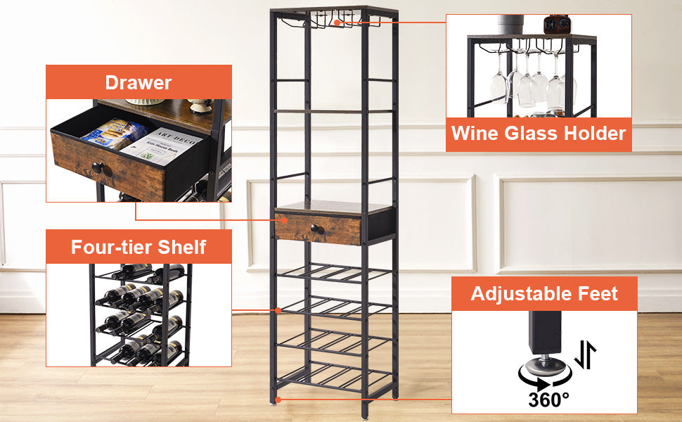 IBUYKE Wine Rack Freestanding Floor, Bar Cabinet for Liquor and Glasses,4-Tier Wood Coffee Bar Cabinet,Glass Holder and Storage Drawer for Home Bar Kitchen Living Room,Rustic Brown UTMJ905H