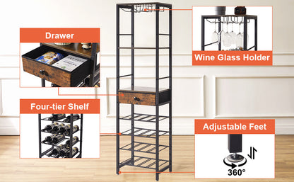 IBUYKE Wine Rack Freestanding Floor, Bar Cabinet for Liquor and Glasses,4-Tier Wood Coffee Bar Cabinet,Glass Holder and Storage Drawer for Home Bar Kitchen Living Room,Rustic Brown UTMJ905H