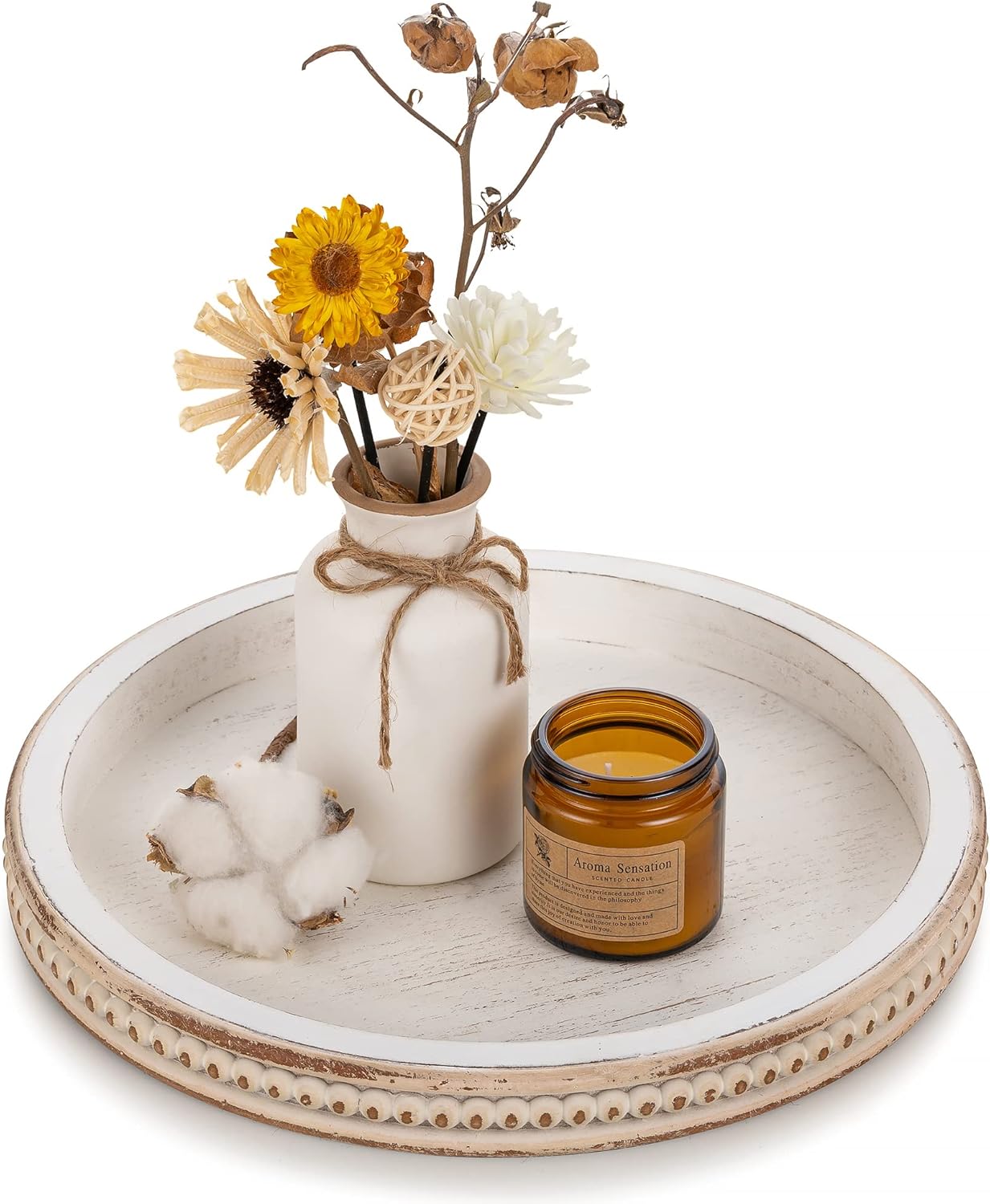 Round Wooden Decorative Tray: White Washed Bead Tray Decor for Coffee Table Centerpiece Rustic Farmhouse Tray for Kitchen Counter Living Room Decoration