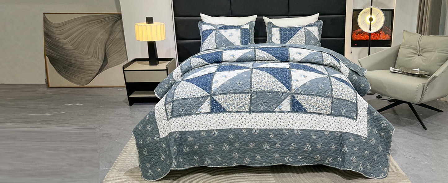 Blue Floral Patchwork Quilt Set, Full Queen Size, 3 Piece Bedding Set with 2 Pillowcases | Blue Patchwork Quilt, Queen Size Bedspread, Reversible Quilt Set, Floral Quilt Set, Patchwork Quilt Set, Queen Comforter Set