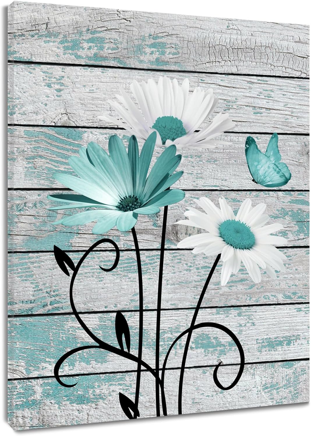 Farmhouse Floral Wall Art for Living Room, Blue and White Daisy Flower and Butterfly on Rustic Wood Board Canvas Wall Art Framed Artwork Ready to Hang for Bathroom Bedroom Decor, 16L X 12W