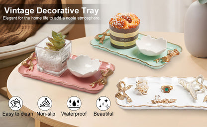 Jewelry Organizer, Decorative Tray for Jewelry, Towel, Storage, Rings, Bracelets, Earrings, Cosmetics, Retro Design, Bow Decor Resin Plate Coquette for Room Decor, White