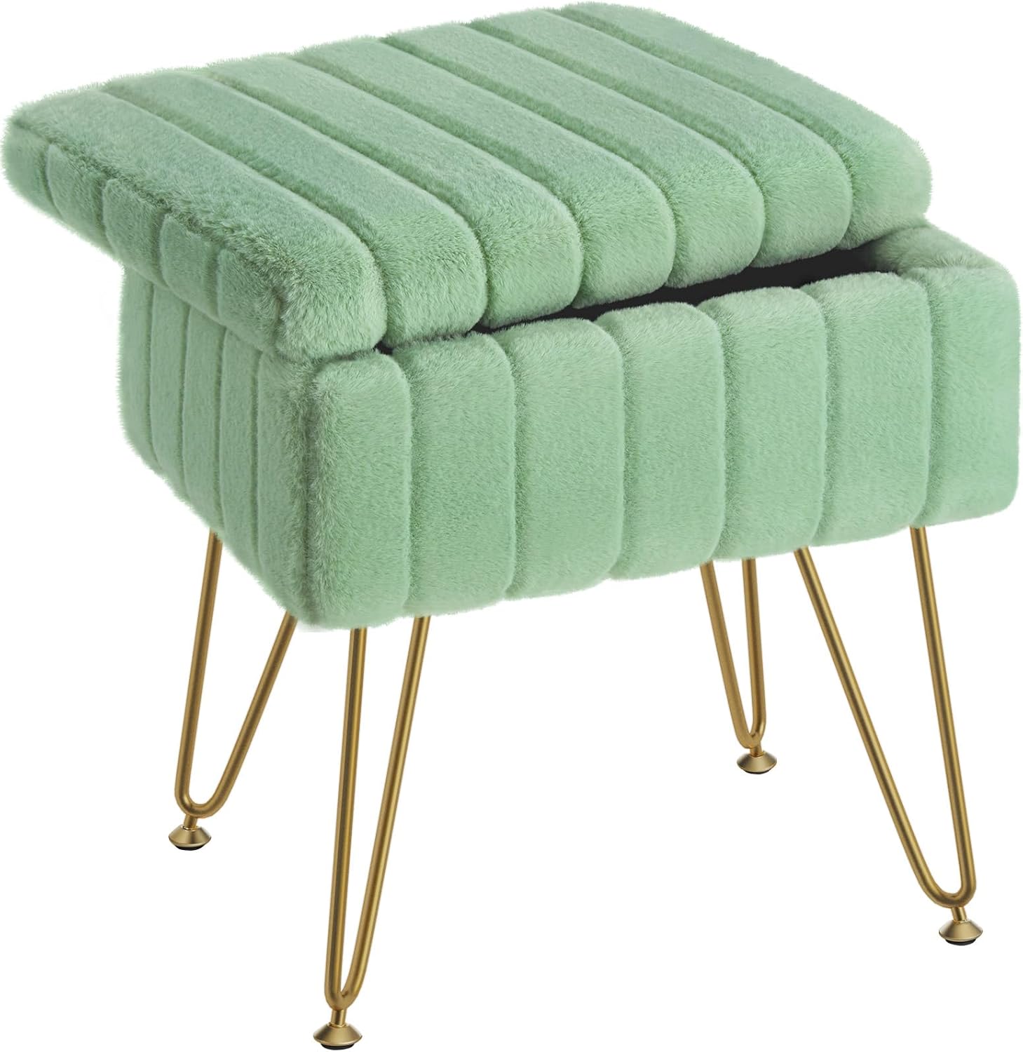 Vanity Stool Chair Faux Fur with Storage, 15.7"L x 11.8"W x 19.4"H Soft Ottoman 4 Metal Legs with Anti-Slip Feet, Furry Padded Seat, Modern Multifunctional Chairs for Makeup, Bedroom White