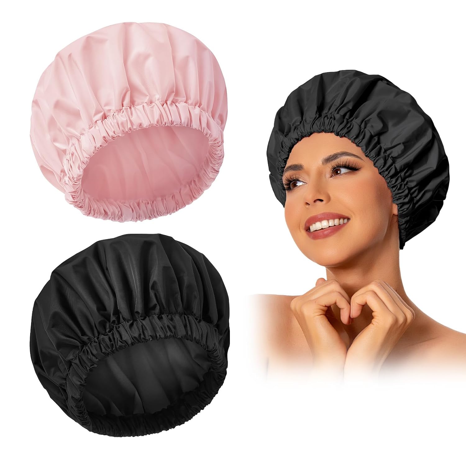 Reusable Shower Cap for Women, Large Waterproof Shower Bonnet Washable Elastic Band Bath Hair Hat for Long Hair, Braids(Pink)