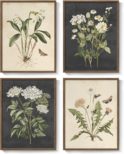 Framed Vintage Botanical Wall Art Bedroom, 4 Piece Rustic Farmhouse Floral Canvas Prints Artwork, Neutral Flower Butterfly Pictures for Modern Farmhouse Living Room Kitchen Bathroom Wall Decor, 11x14