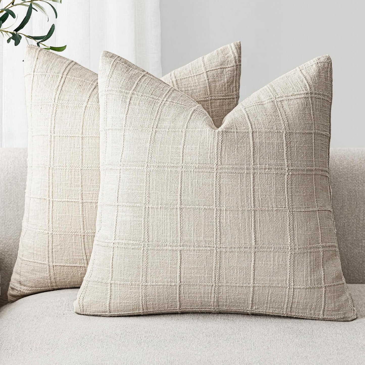 Foindtower Set of 2 Decorative Linen Check Throw Pillow Covers Neutral Farmhouse Vintage Cushion Covers Modern Boho Home Decor for Sofa Chair Couch Bedroom Living Room,18×18 Inch,Natural Beige