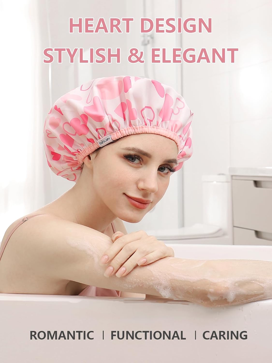 Shower Caps for Women Reusable Waterproof, Double Layer Waterproof Fabric - Both Sides Usable, Reversible Pattern & Solid Color Design, Soft Elastic Keeps Hair Dry for shower Spa Travel