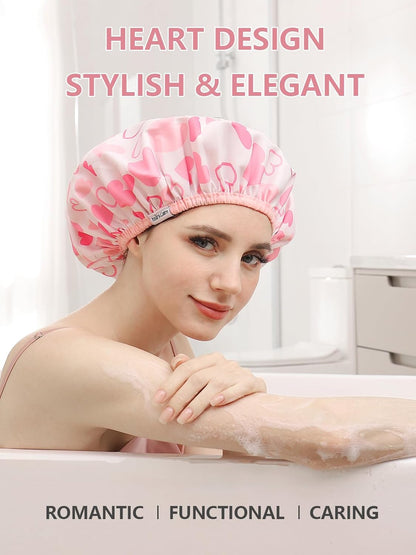 Shower Caps for Women Reusable Waterproof, Double Layer Waterproof Fabric - Both Sides Usable, Reversible Pattern & Solid Color Design, Soft Elastic Keeps Hair Dry for shower Spa Travel