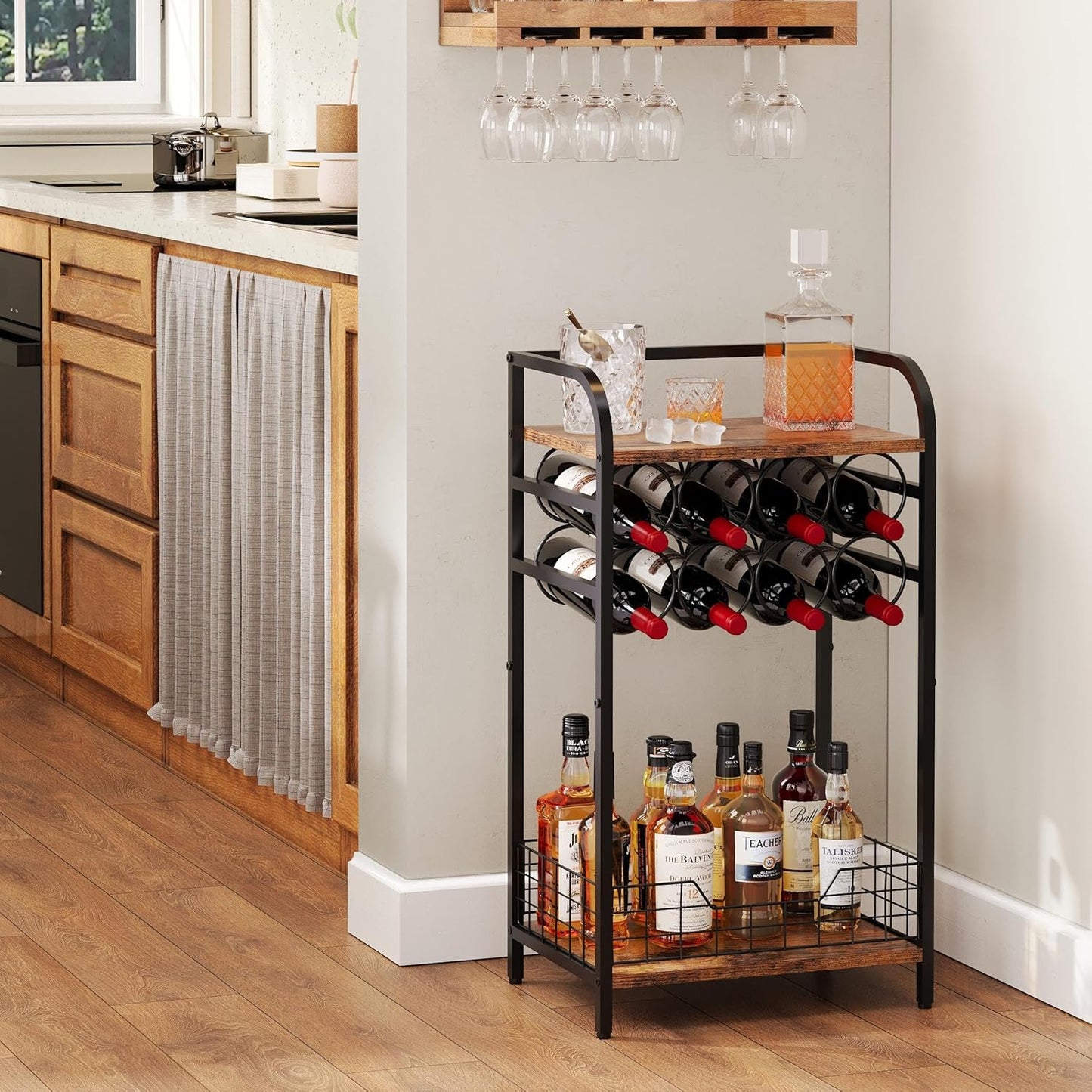 3-Tier Wine Rack Freestanding Floor Cabinet Corner Bar Cabinet Bar Cart,12 Individual Wine Storage Bottle Compartments Corner Bar Cabinet Holder (3-Tier Wine Rack 07)