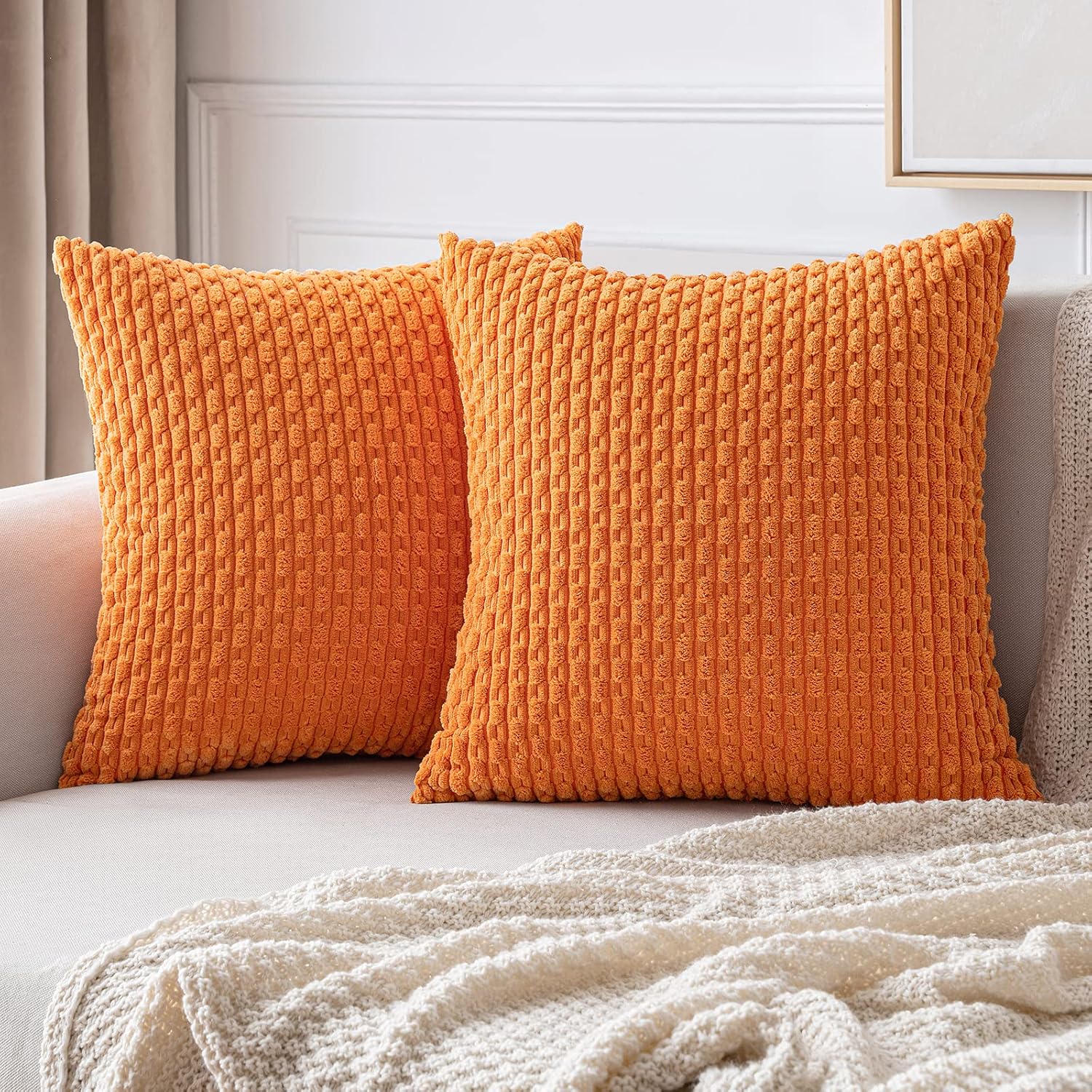 MIULEE Pack of 2 Decorative Throw Pillow Covers 18x18 Inch Soft Boho Striped Textured Corduroy Pillow Covers Spring Modern Farmhouse Home Decor for Couch Bed Sofa Living Room Sage Green