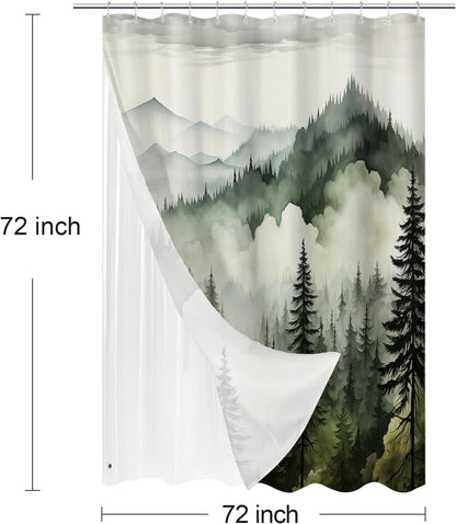 3 in 1 Shower Curtain Set, DarkGreen Misty Pine Forest Fabric Shower Curtain with PEVA Liner and Double Sided Hooks, Bathroom Curtain Waterproof 72x72