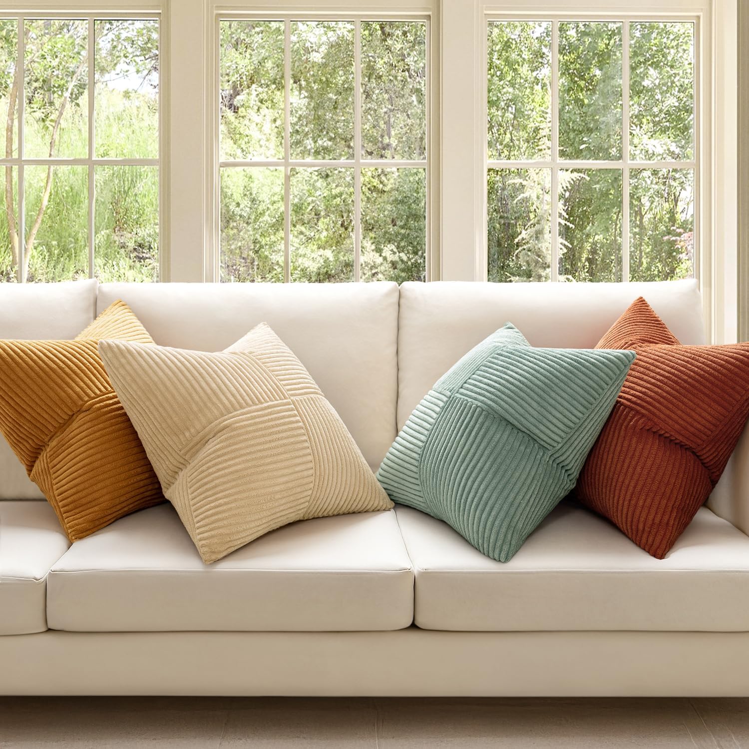 MIULEE Teal Orange Decorative Throw Pillow Covers 18x18 Inch Set of 4 Boho Corduroy Striped Cushion Cases Modern Farmhouse Patchwork Pillow Cases for Couch Sofa Bedroom Home Decor