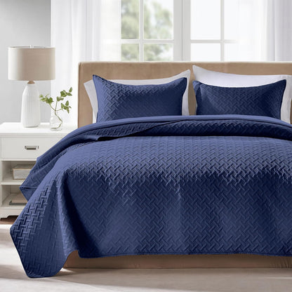 Quilts Queen Size - Ultra Soft Navy Blue Quilt Lightweight Microfiber Bedspreads, Classic Basket Weave Pattern Bedspread Bed Coverlet 3 Pieces for All-Season (1 Quilt, 2 Pillow Shams) | Breathable material, Easy care
