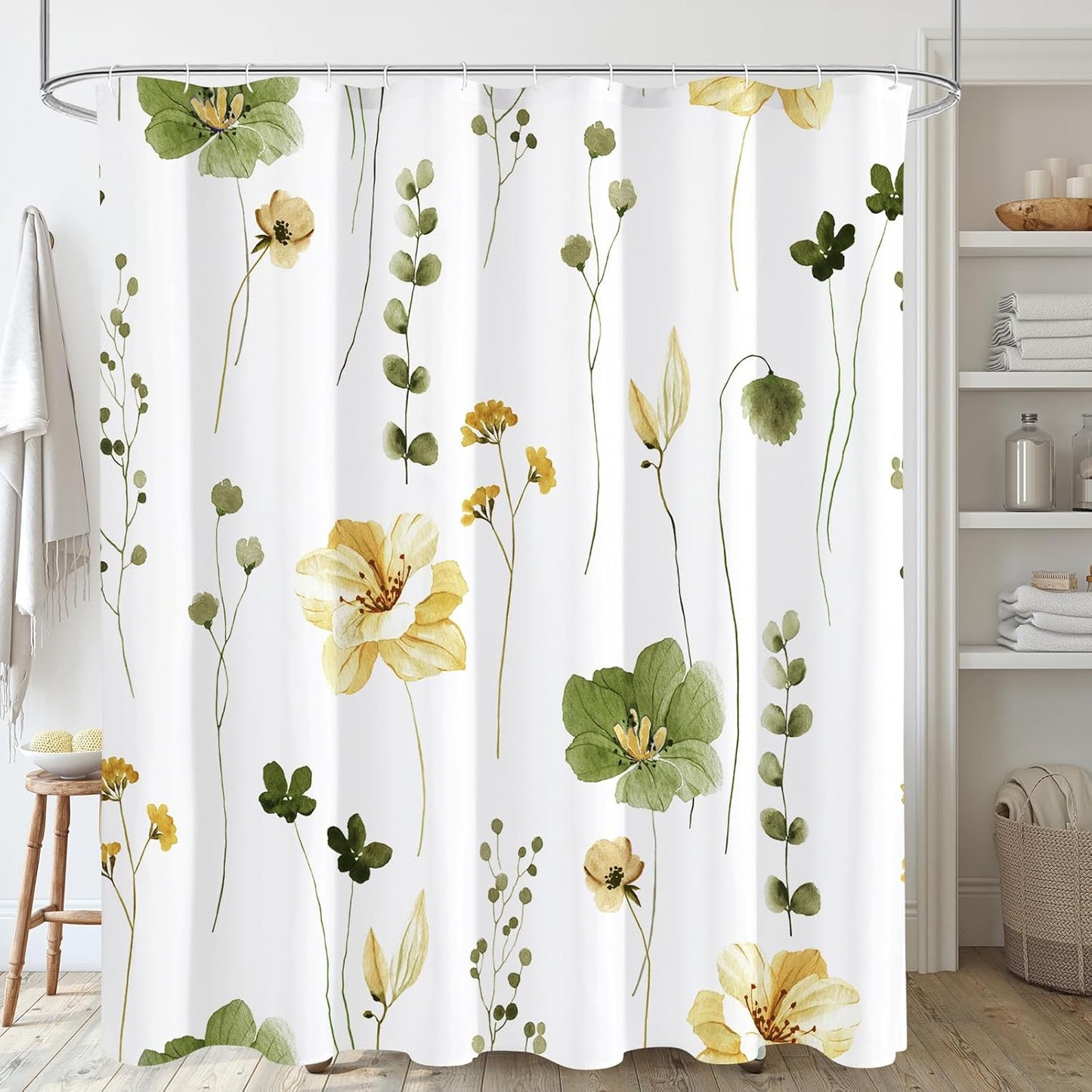 Watercolor Floral Shower Curtain, Sage Green Beige Flower Shower Curtain for Bathroom, Modern Minimalist White Waterproof Fabric Shower Curtain Set 72x72 Inch