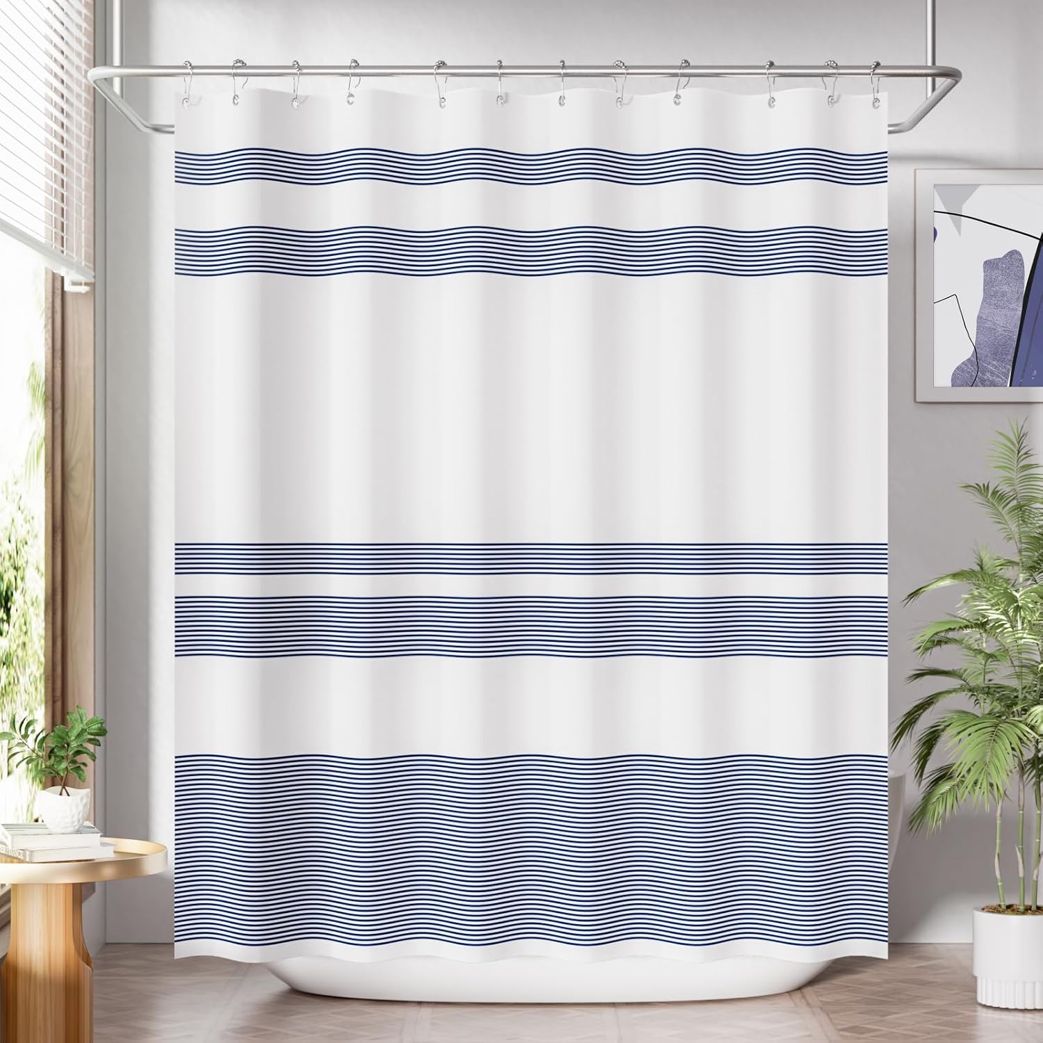 Shower Curtain, Washable Cloth Black Shower Curtain Sets with 12 Shower Curtain Hooks, Fabric Rustic Black and White Striped Curtain, Farmhouse Bathroom Curtains, 72x72 Inches