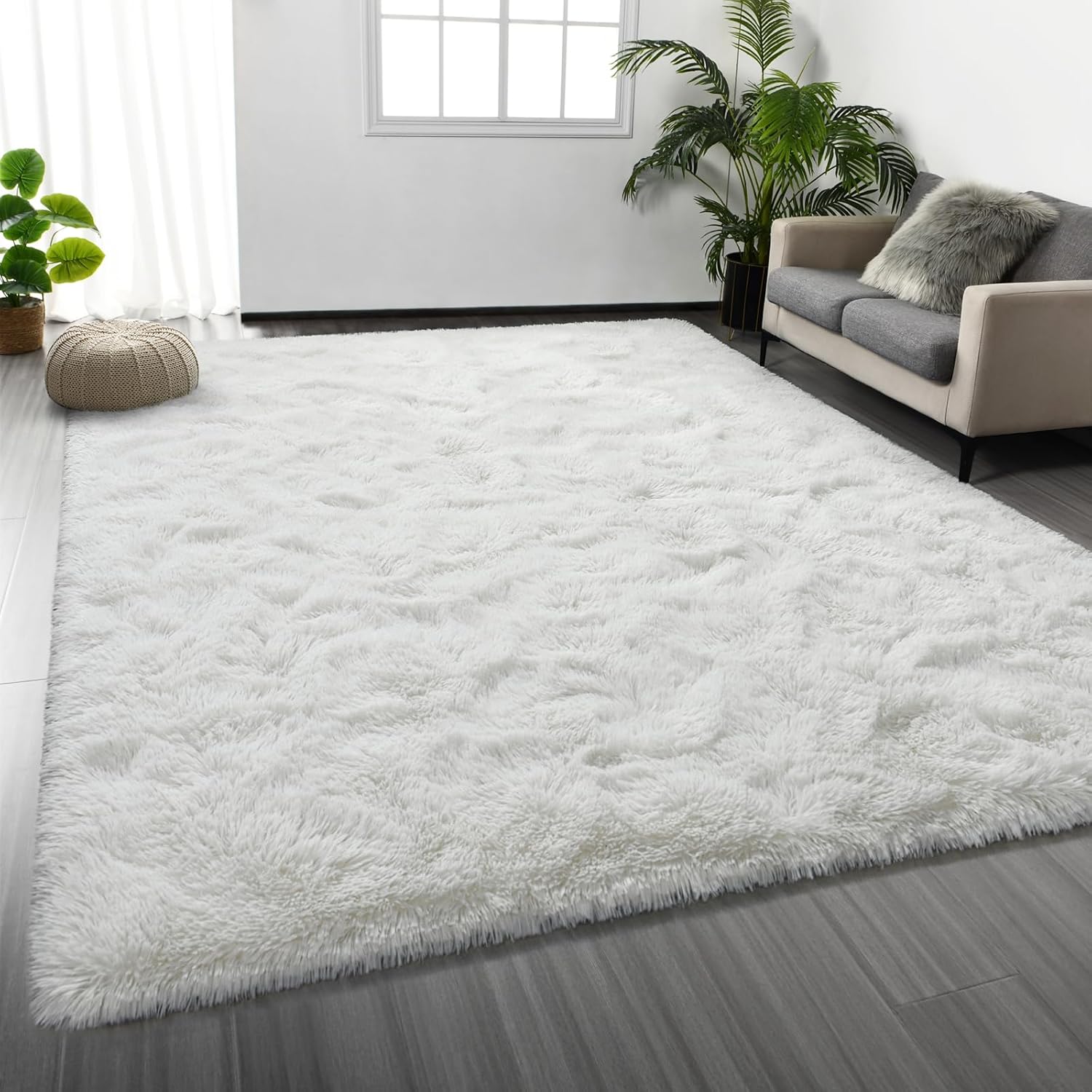 Large Shag Area Rugs 6 x 9, Tie-Dyed Plush Fuzzy Rug for Living Room, Ultra Soft Fluffy Furry Rugs for Bedroom, Indoor Carpet Nursery Rugs for Kids Room Home Decor, Light Grey
