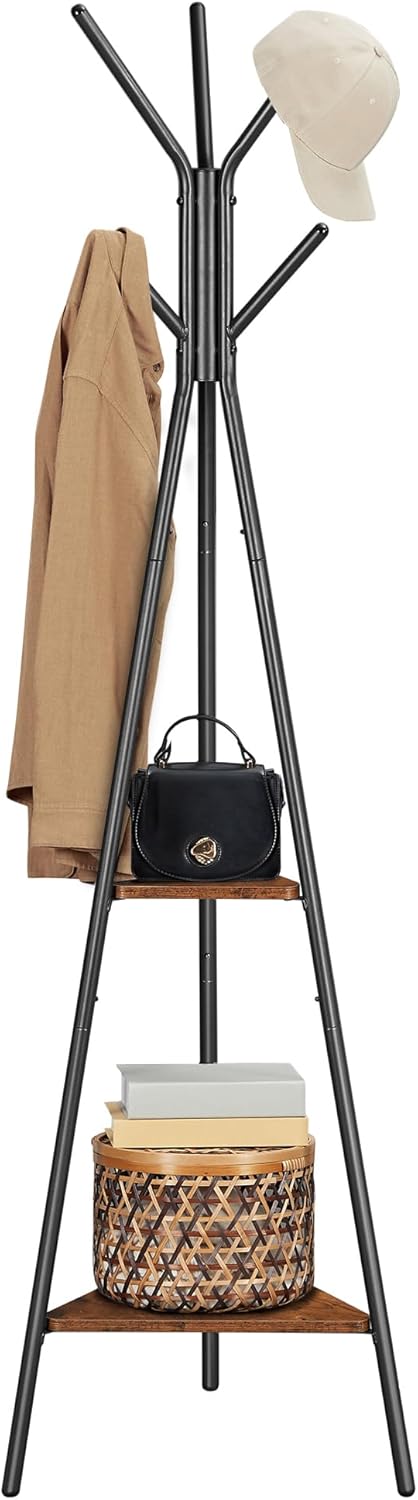 Coat Rack Freestanding, Coat Hanger Stand, Hall Tree with 2 Shelves, for Clothes, Hat, Bag, Industrial Style, Rustic Brown and Black URCR16BX
