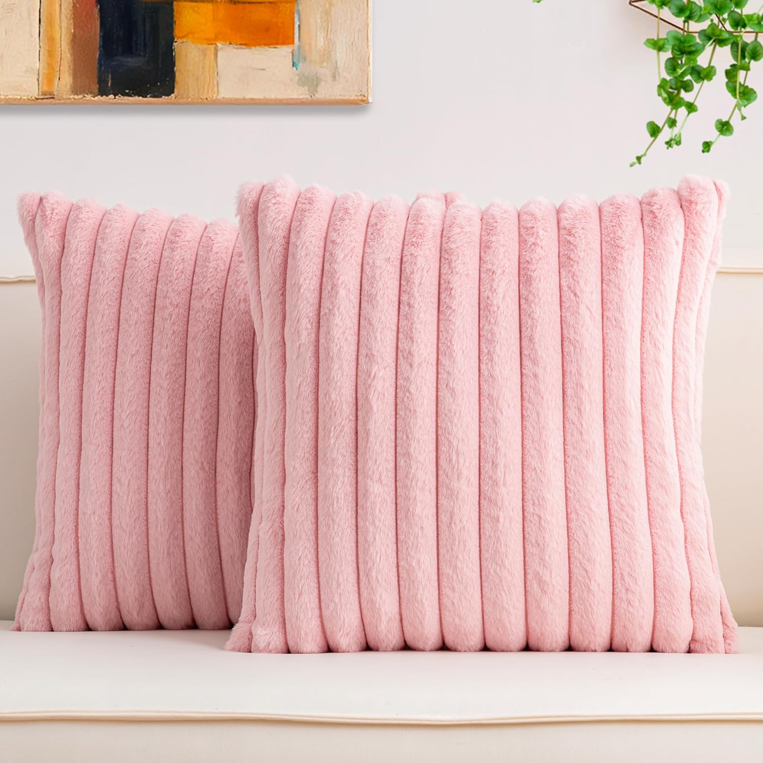Pack of 2 Faux Fur Christmas Throw Pillow Covers 18x18 Inch, Soft Plush Striped Neutral Couch Pillow Cover, with Velvet Back Modern Home Decor for Sofa Living Room Couch Bed Cream White
