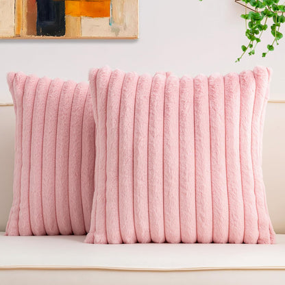 Pack of 2 Faux Fur Christmas Throw Pillow Covers 18x18 Inch, Soft Plush Striped Neutral Couch Pillow Cover, with Velvet Back Modern Home Decor for Sofa Living Room Couch Bed Cream White
