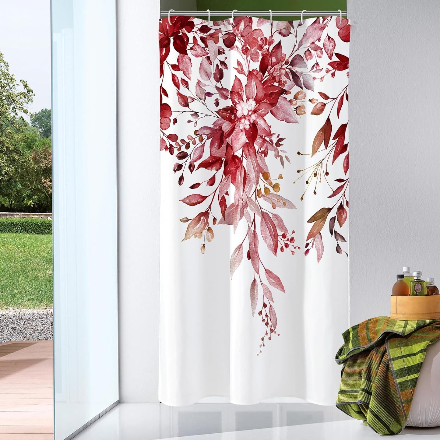 Grey Eucalyptus Shower Curtain, Watercolor Plant Leaves with Floral Bathroom Shower Curtain Set, Gray White, 72x72