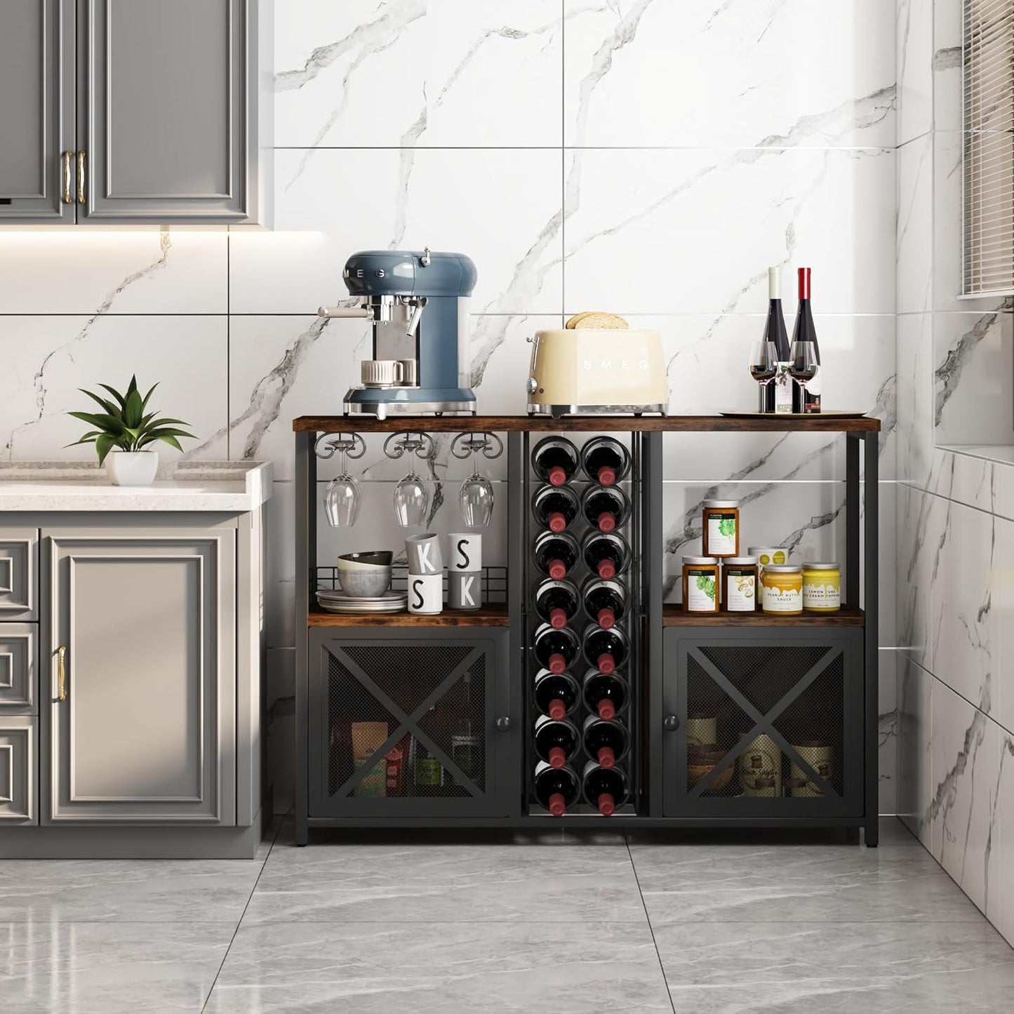 Mini Bars for Home, Wooden Coffee Bar Cabinet, Modern Liquor Cabinet for Liquor and Glasses, Farmhouse Buffet Wine Cabinet with Storage Sideboard for Home Kitchen Dining Room