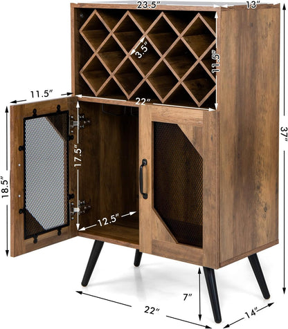 Giantex Farmhouse Wine Bar Cabinet, 11 Bottles Rack, Buffet Cabinet with Storage, Industrial Kitchen Sideboard, Anti-Tipping Design, 2 Doors, Glass Holder, for Living Room (Brown & Black)