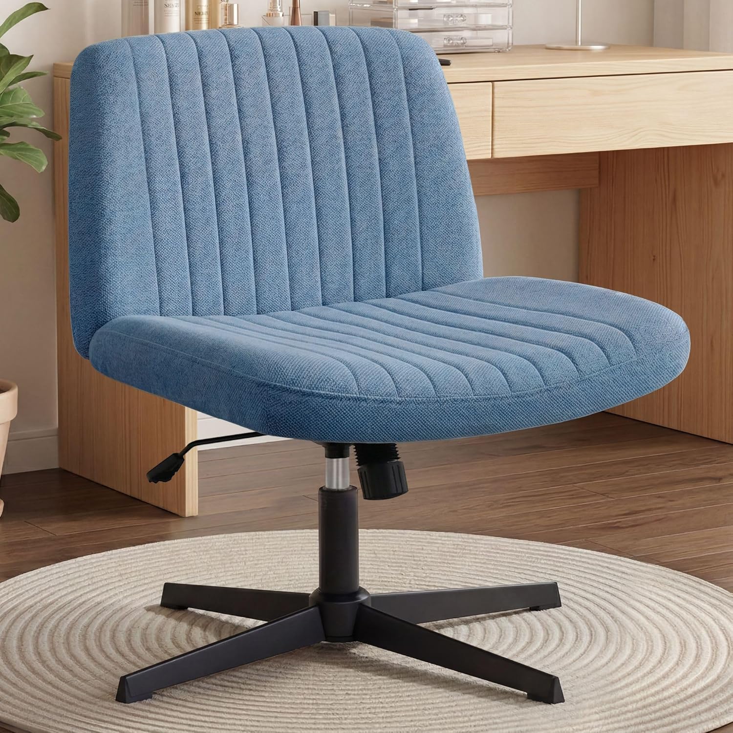 Chair Wheels Wide Cross Legged Office Desk Vanity Chair Comfy Fabric Armless Adjustable Swivel for Home Computer Task (Beige Wheel, Fabric)