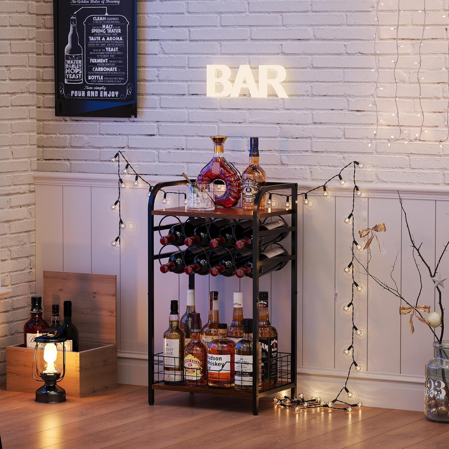 3-Tier Wine Rack Freestanding Floor Cabinet Corner Bar Cabinet Bar Cart,12 Individual Wine Storage Bottle Compartments Corner Bar Cabinet Holder (3-Tier Wine Rack 07)