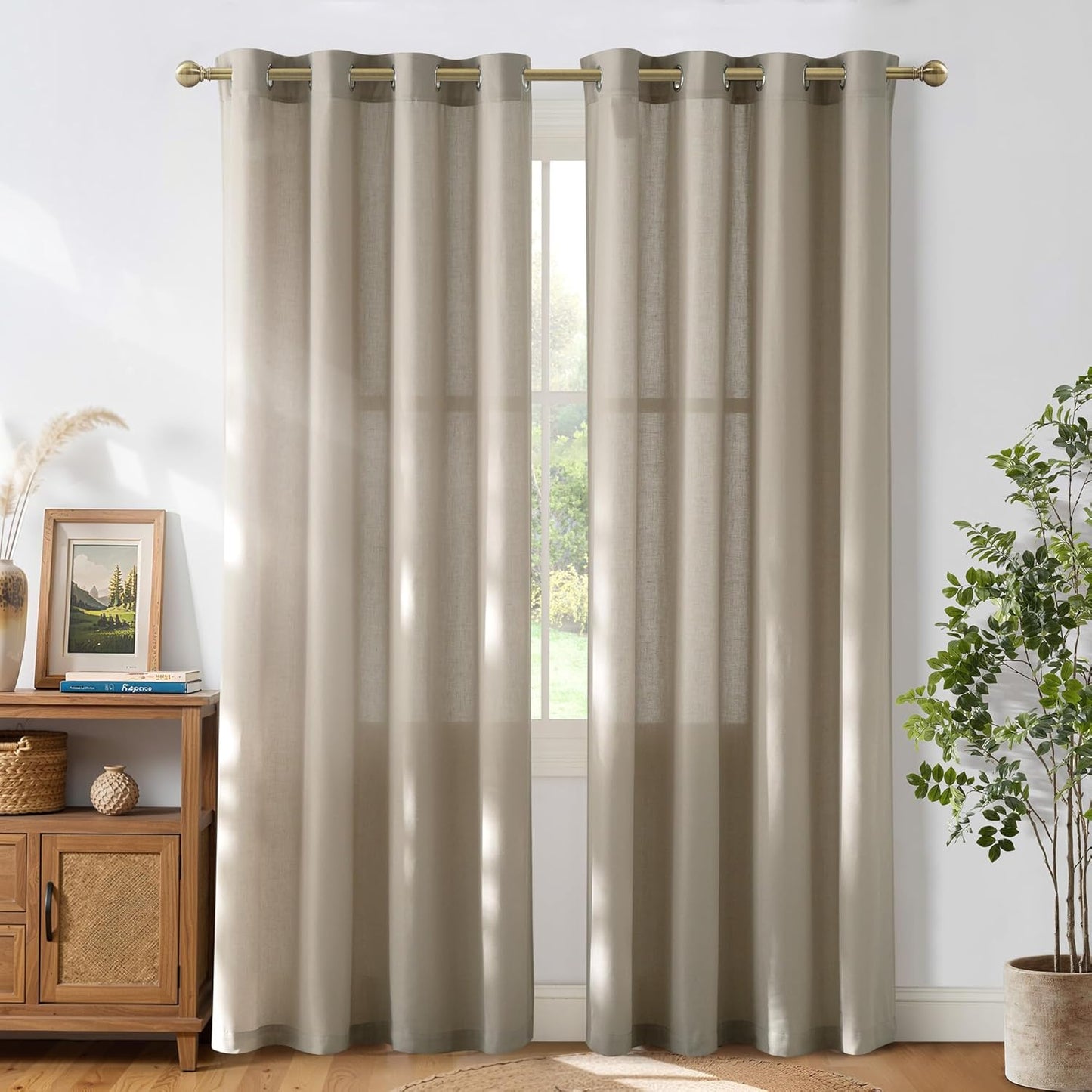 Natural Linen Curtains 84 inch Long 2 Panels Set, Grommet Top Thick Linen Burlap Semi Sheer Vertical Drapes Privacy Assured with Light Filtering for Bedroom/Living Room, W55 x L84