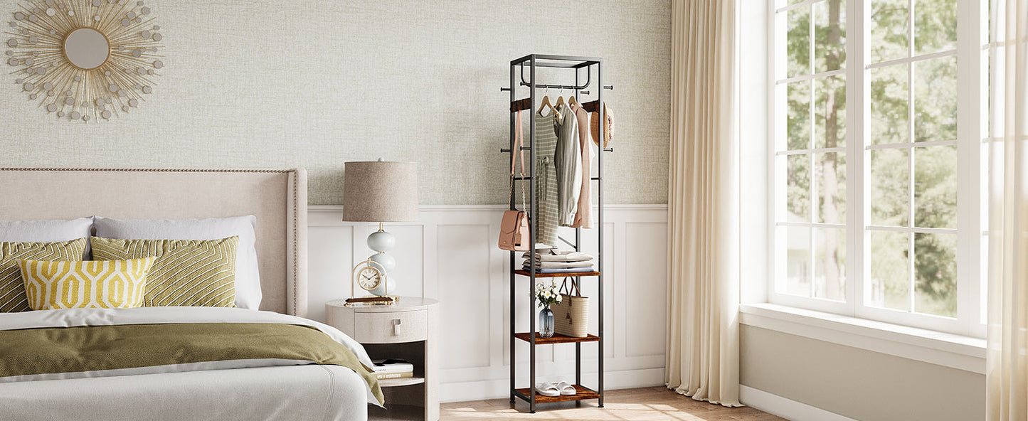 Coat Rack Freestanding, Hall Tree with 3 Storage Shelves and 12 Hooks, Industrial Clothes Rack Stand Organizer for Bedroom, Hallway, Entryway, Office, Living Room, Rustic Brown