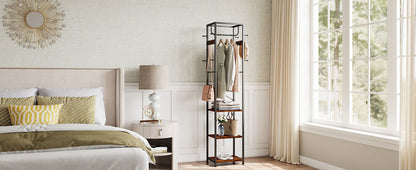 Coat Rack Freestanding, Hall Tree with 3 Storage Shelves and 12 Hooks, Industrial Clothes Rack Stand Organizer for Bedroom, Hallway, Entryway, Office, Living Room, Rustic Brown