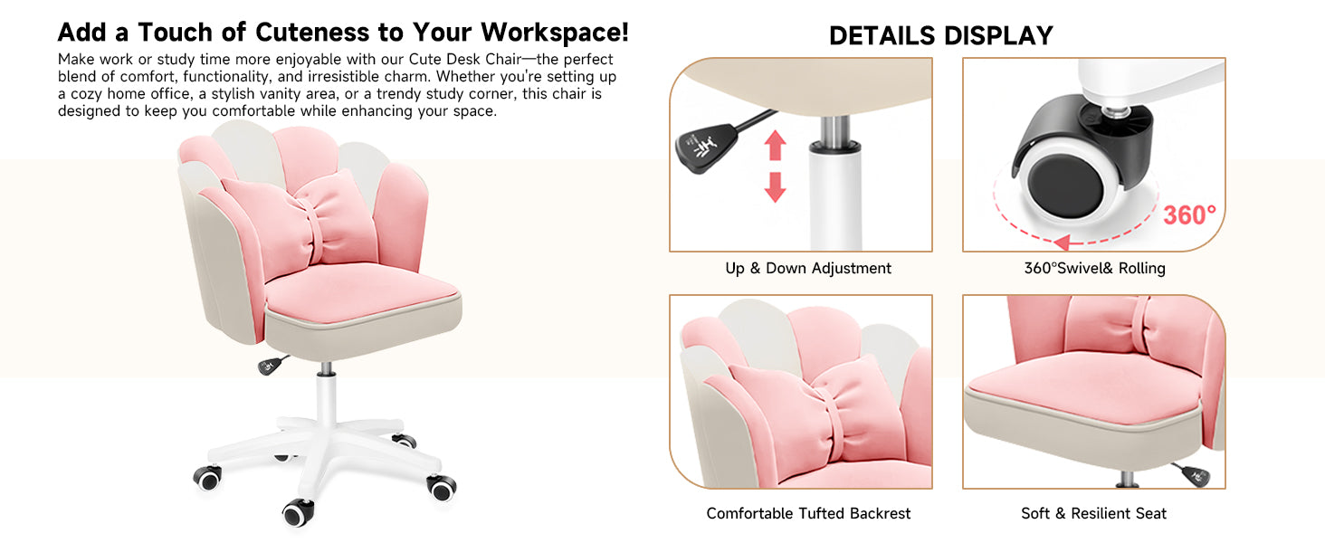 Chair with Bow Cushion Velvet Vanity Chair with Wheels, Upholstered Home Office Chair for Girls Women, Mid-Back Swivel Computer Task Chairs for Living Room Bedroom