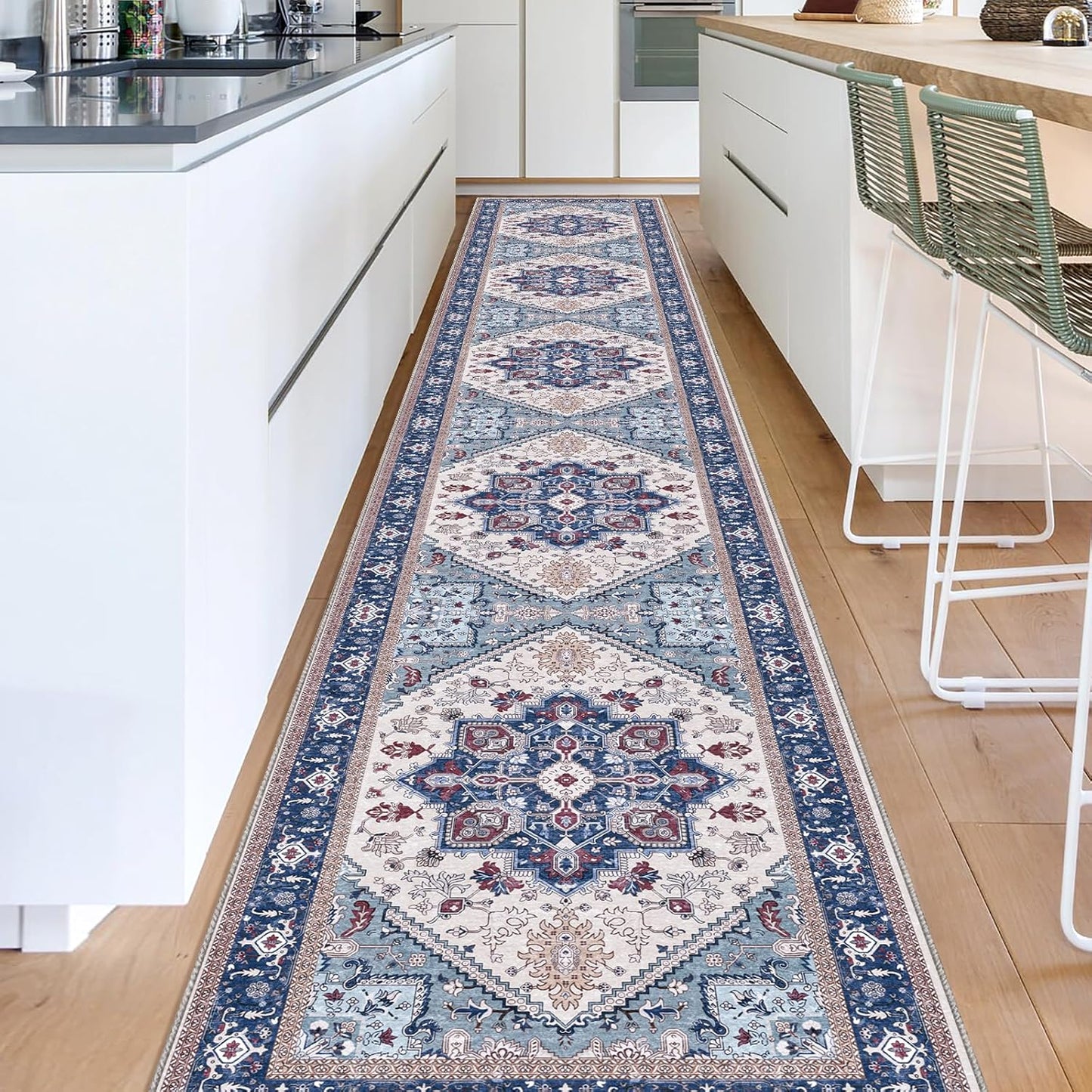 Soft Area Rugs 5x7, 5x7 Washable Rug with Non Slip Backing, 5 x 7 Faux Cashmere Low-Pile Carpet, Navy Blue & Gold