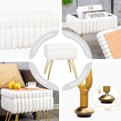 Faux Fur White Vanity Stool Chair with Storage Ottoman, Vanity Chair for Makeup Room, Vanity Stools for Bedroom, Footrest with Metal Legs and as a Coffee Table, White