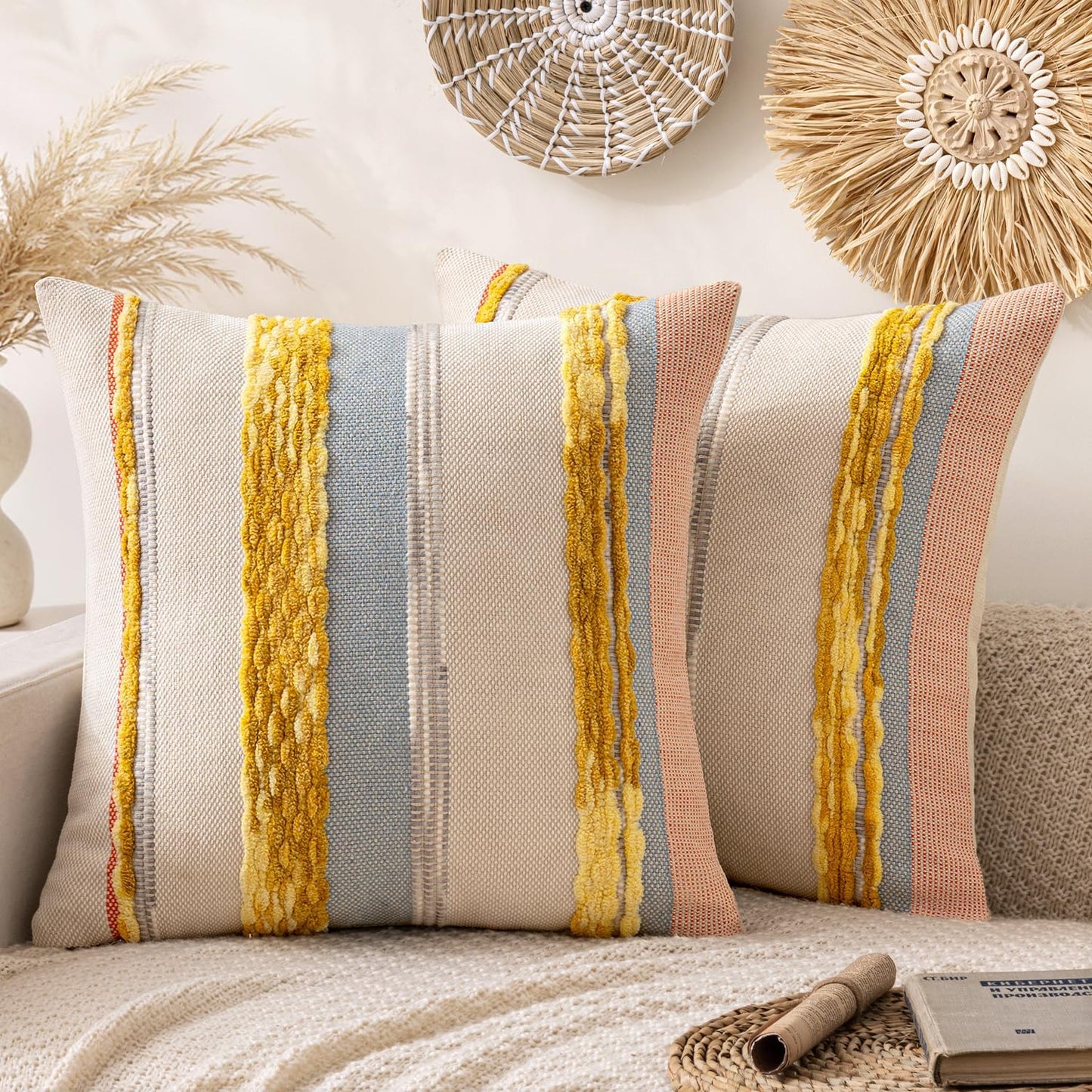 ANRODUO Pack of 2 Boho Decorative Throw Pillow Covers 18x18 Farmhouse Cushion Case Striped Chenille Pillow Cases Square Pillow Covers Accent Neutral Pillowcase for Sofa Couch Bed, Olive Green Stripe