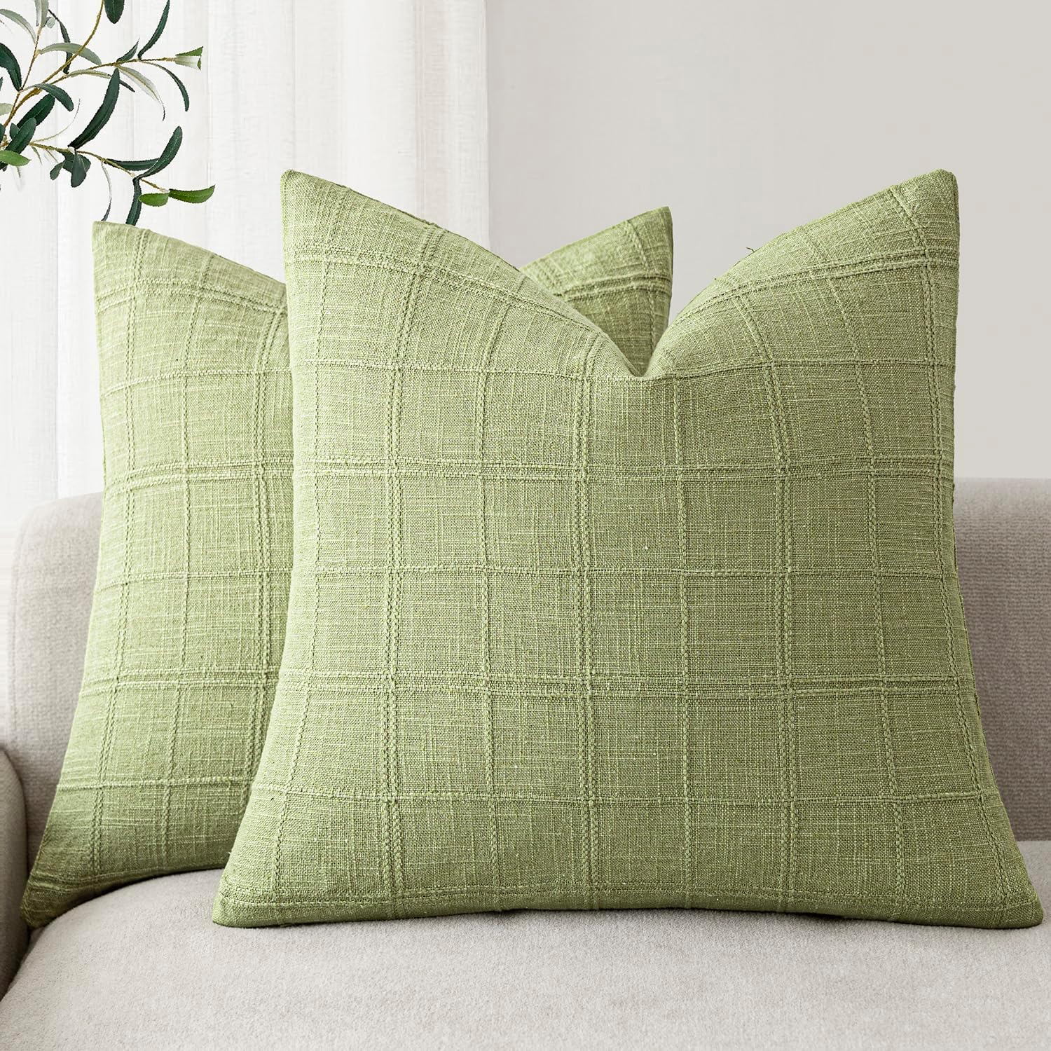 Foindtower Set of 2 Decorative Linen Check Throw Pillow Covers Neutral Farmhouse Vintage Cushion Covers Modern Boho Home Decor for Sofa Chair Couch Bedroom Living Room,18×18 Inch,Natural Beige
